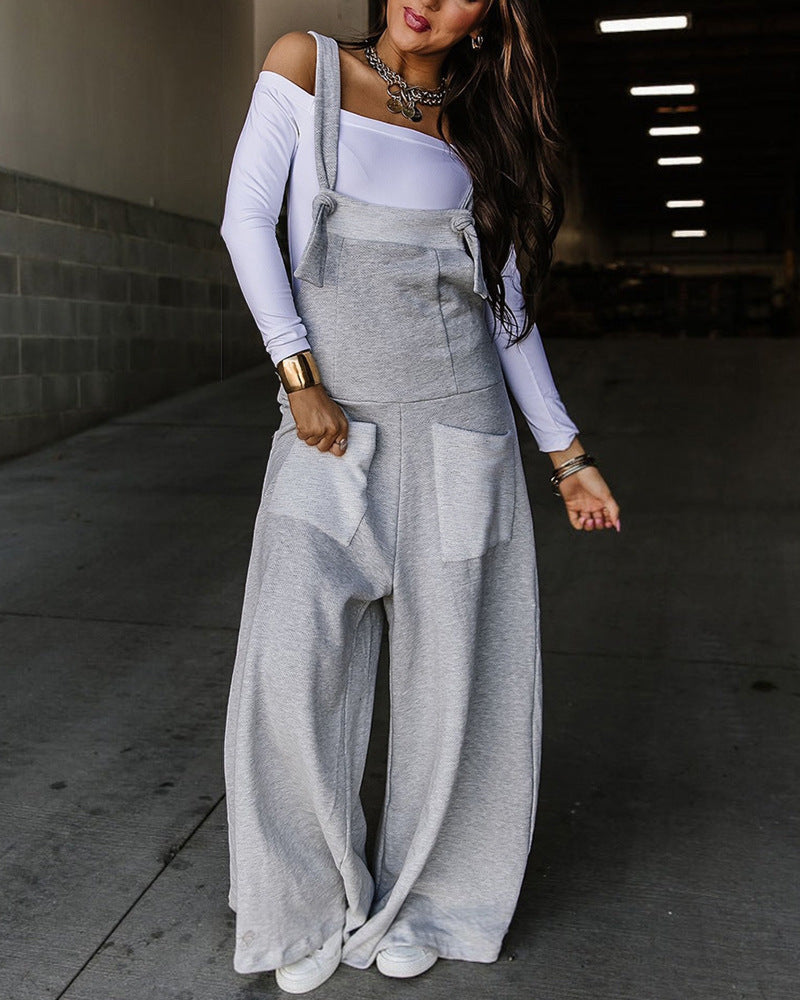 Light Gray Casual Suspender Wide-leg Jumpsuit