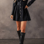 Black Elastic Cinched High Waist Long Sleeve Shirt Mini Dress