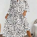 White Leopard Print Notch V Neck Loose Fit Maxi Dress