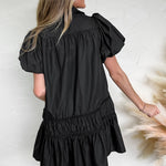 Black Shirt Style Button Down Puff Sleeve Ruffle Hem Dress