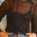 Black Rhinestone Sheer Mesh Slim Fit Long Sleeve Top