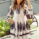 Beige Western Pattern Print Tasseled Notch V Neck Mini Dress