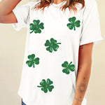 White Sequin Lucky Clover Graphic Crewneck Tee