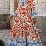 Orange Boho Geometric Printed Long Sleeve Maxi Dress