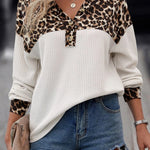 White Leopard Waffle Knit Patchwork Button V Neck Top