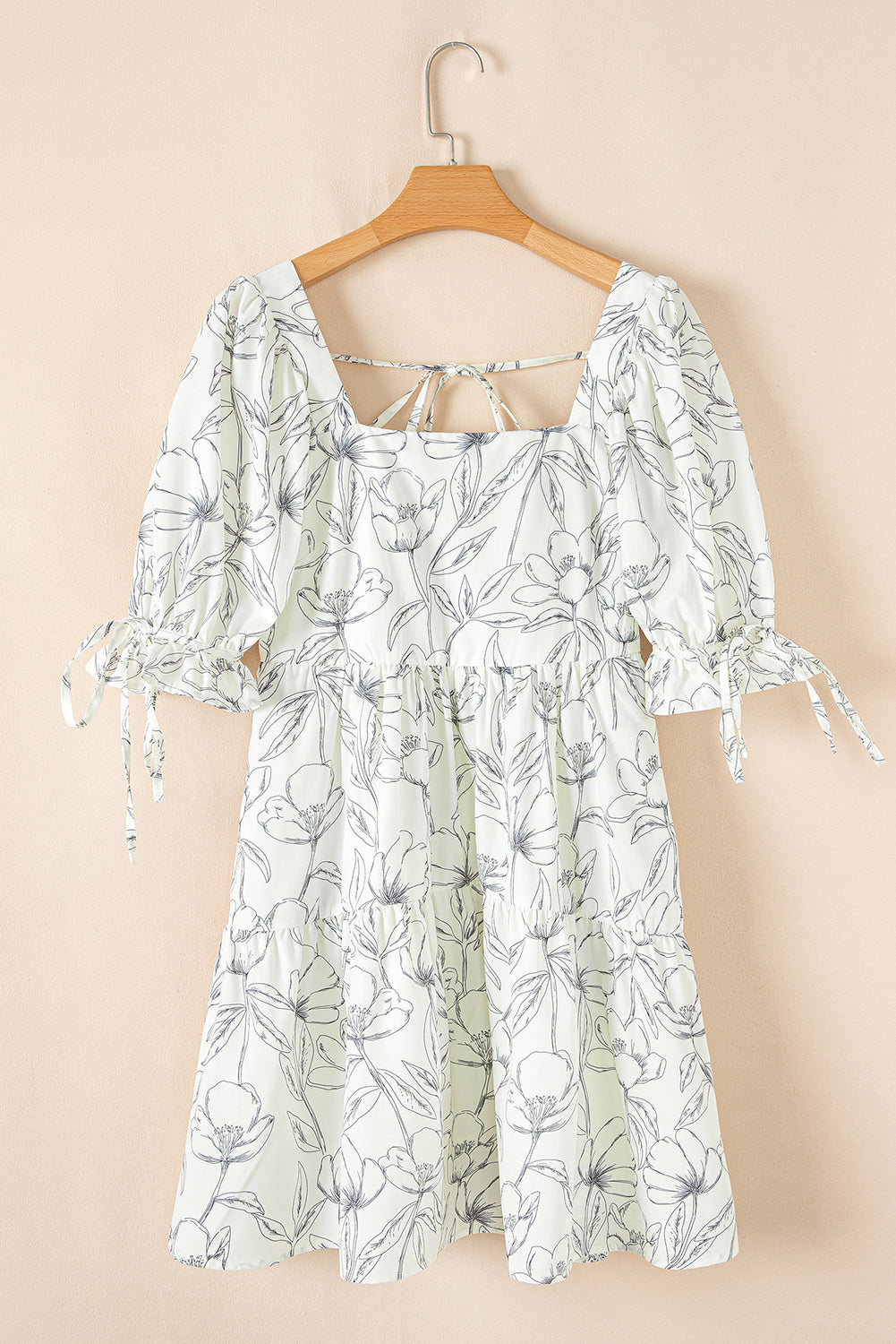 Beige Floral Print Square Neck Shirred Back Puff Sleeve Mini Dress