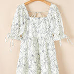 Beige Floral Print Square Neck Shirred Back Puff Sleeve Mini Dress