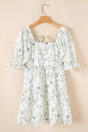 Beige Floral Print Square Neck Shirred Back Puff Sleeve Mini Dress