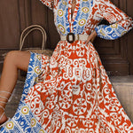 Orange Boho Geometric Printed Long Sleeve Maxi Dress