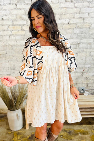 Beige Western Aztec Print Pleated Square Neck Loose Mini Dress