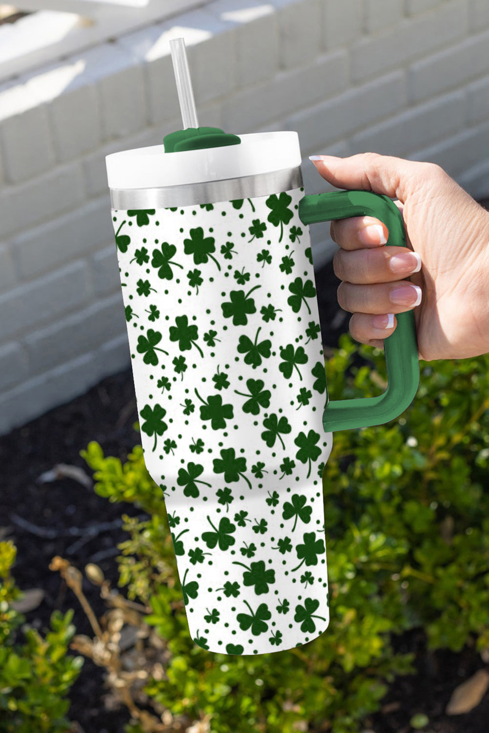 Dark Green Clover Print Thermos Cup with Handle 40oz