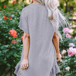 Light Grey Lace Floral Patchwork Ruffled T-shirt Dress