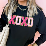 Black Chenille XOXO Patched Drop Shoulder Valentines Pullover Sweatshirt