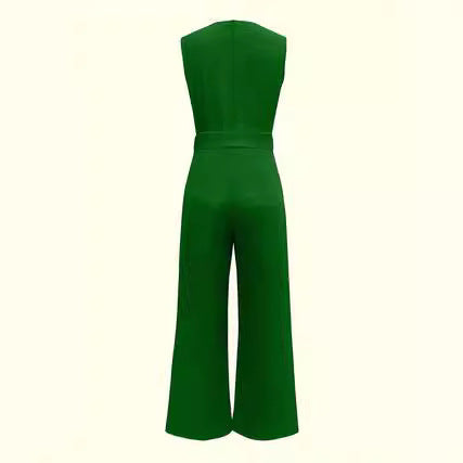 Women's V-neck Wide-leg Sleeveless Belt Jumpsuit