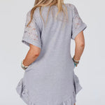 Light Grey Lace Floral Patchwork Ruffled T-shirt Dress