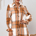 Khaki Plaid Pattern Collared Neck Ruffled Sleeve Shirt Dress