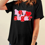 Black Chenille Heart hey sugar Patched Crewneck Valentines Tee