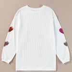 White Valentines Heart Patched Pattern Corded Pullover Sweatshirt