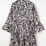 Black Leopard Print Buttoned Front 3/4 Sleeve Tiered Ruffled Hem Dress