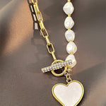 Gold Heart Shape Pendant Rhinestone Decor Pearl Chain Necklace