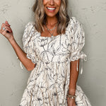 Beige Floral Print Square Neck Shirred Back Puff Sleeve Mini Dress