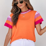 Carrot Contrast Flutter Sleeves Knitted Sweater T Shirt