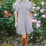 Light Grey Lace Floral Patchwork Ruffled T-shirt Dress