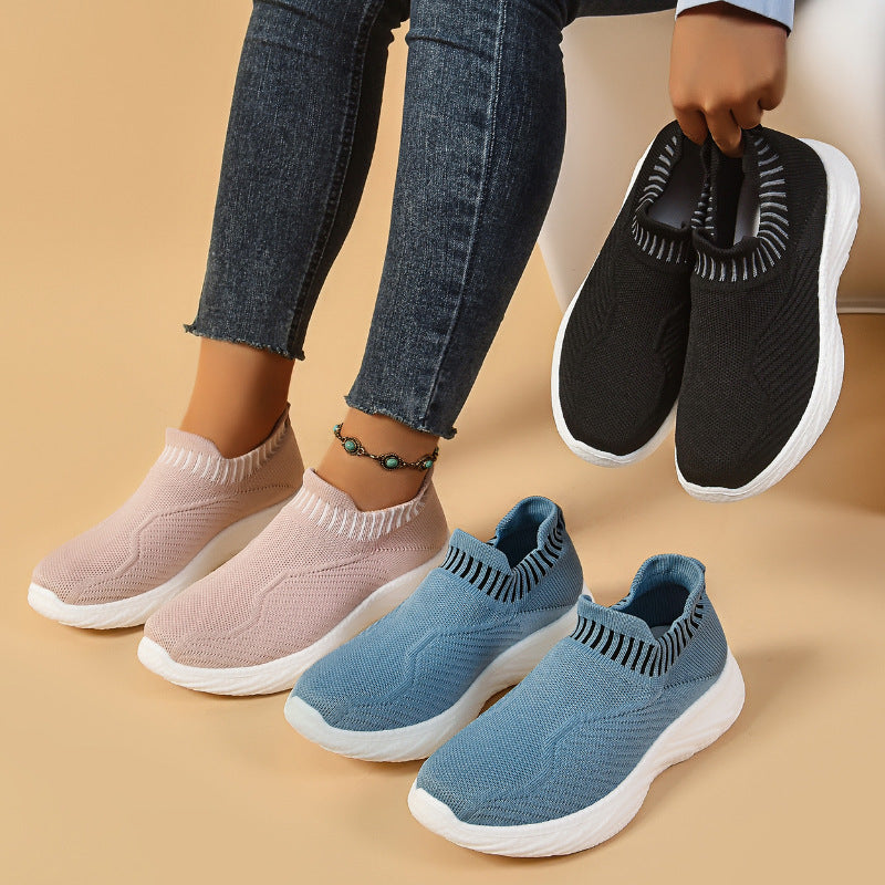 Striped Flat Sneakers Fashion Lightweight Breathable Socks Flats Shoes For Women Slip On Sports Shoes