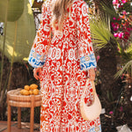 Orange Boho Geometric Printed Long Sleeve Maxi Dress