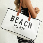 White BEACH PLEASE Print Large Canvas Tote Bag