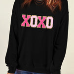 Black Chenille XOXO Patched Drop Shoulder Valentines Pullover Sweatshirt