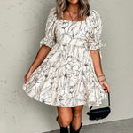 Beige Floral Print Square Neck Shirred Back Puff Sleeve Mini Dress