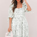 Beige Floral Print Square Neck Shirred Back Puff Sleeve Mini Dress