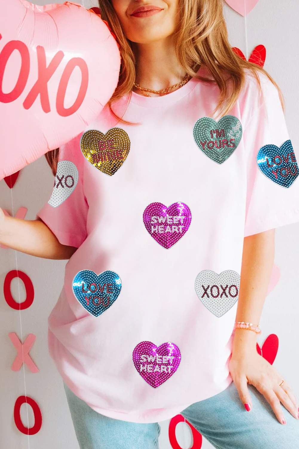 Pink Sequin Valentines Lettering Heart Patched Crewneck T Shirt