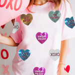 Pink Sequin Valentines Lettering Heart Patched Crewneck T Shirt