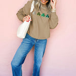 Khaki Embroidered Clover Pattern St Patrick Pullover Sweatshirt