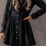 Black Elastic Cinched High Waist Long Sleeve Shirt Mini Dress