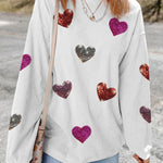 White Valentines Heart Patched Pattern Corded Pullover Sweatshirt