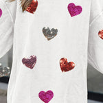 White Valentines Heart Patched Pattern Corded Pullover Sweatshirt