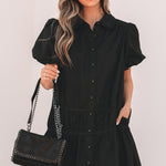 Black Shirt Style Button Down Puff Sleeve Ruffle Hem Dress