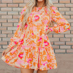 Orange Abstract Print Smocked Lantern Sleeve Ruffle Mini Dress