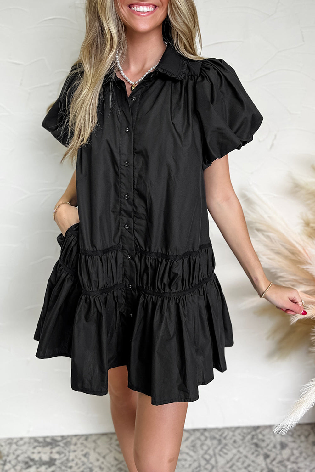 Black Shirt Style Button Down Puff Sleeve Ruffle Hem Dress