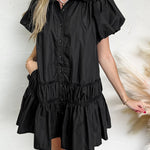 Black Shirt Style Button Down Puff Sleeve Ruffle Hem Dress