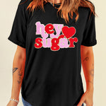 Black Chenille Heart hey sugar Patched Crewneck Valentines Tee