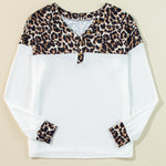 White Leopard Waffle Knit Patchwork Button V Neck Top