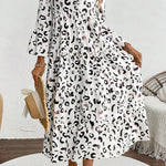 White Leopard Print Notch V Neck Loose Fit Maxi Dress