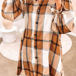 Khaki Plaid Pattern Collared Neck Ruffled Sleeve Shirt Dress