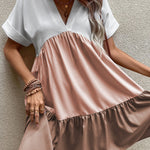 Light French Beige Triple Colors V Neck Folded Cuffs Tiered Loose Dress