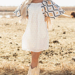 Beige Western Aztec Print Pleated Square Neck Loose Mini Dress