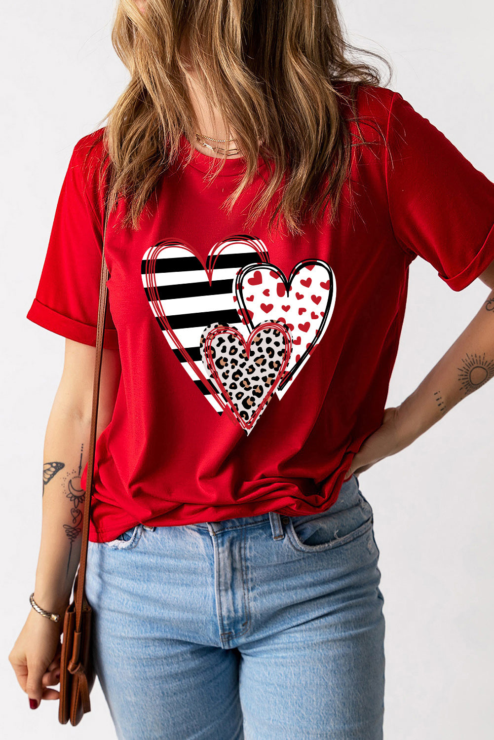 Red Leopard Striped Heart Shaped Print Crew Neck T Shirt